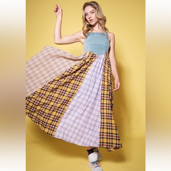 ShopEvelynne Dresses & Skirts - 27 Boho Denim Multi Fabric Pleated Suspender Maxi Dress
